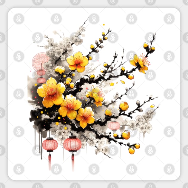 Ink Drawing of Hoa Mai Happy New Year Magnet by HolidayBug